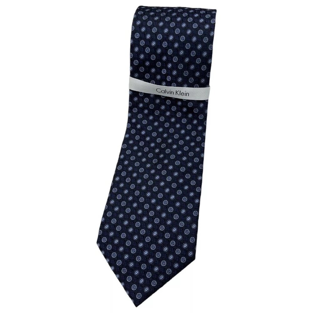 NWT CALVIN KLEIN Men's 100% Silk Necktie DESIGNER Tie Blue Geometric W:3.8"